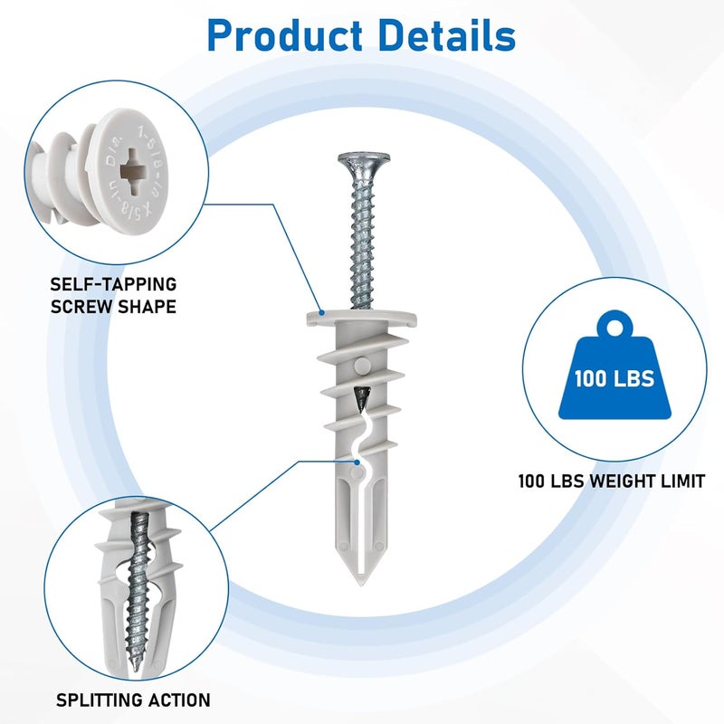 Vmuter Self Drilling Drywall Anchors, 3 Size 114PCS Heavy Duty Dry Wall Anchors and Screws Kit for Hanging Sheetrock, 57 Self-Tapping Plastic Drywall Hangers and 57 Sheet Rock Screws-50/75/95 Lbs - Image 3